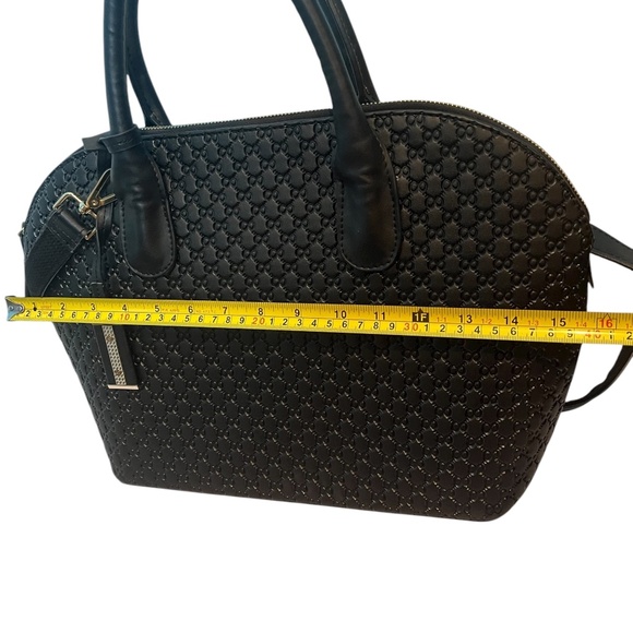 Elegant Black Dome Satchel Handbag with Embossed Pattern and Shoulder Strap - Picture 10 of 10